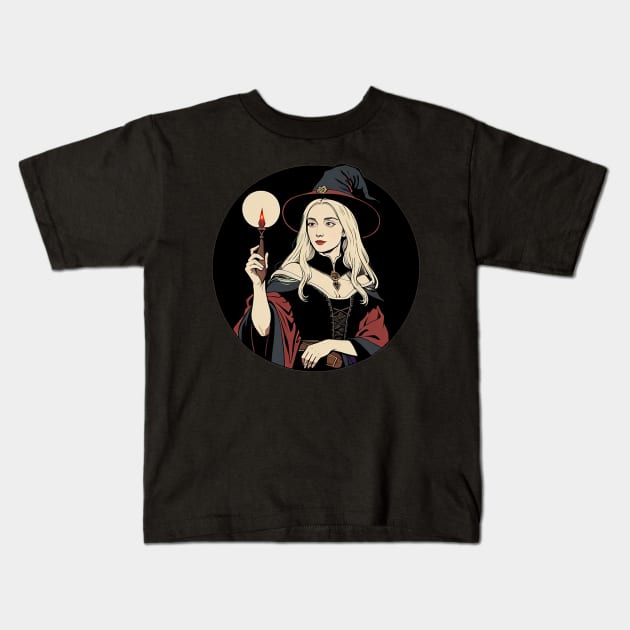 Blonde Witch Holding a Magic Candle Kids T-Shirt by CursedContent